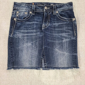Miss Me Skirt Blue Jean Short Mini Denim Sz 28 Embellished Pockets Frayed Hem
